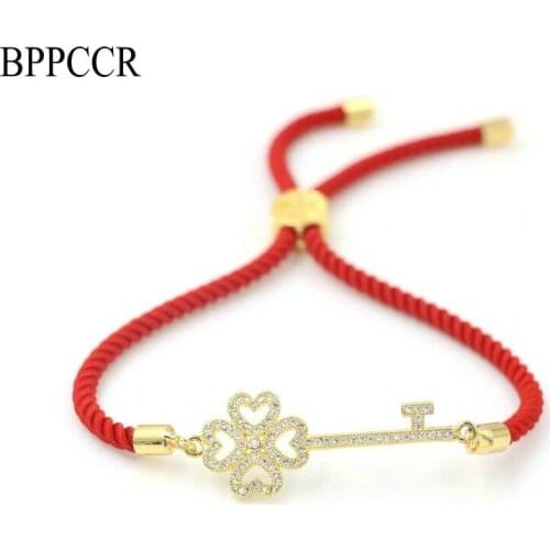 BPPCCR Gold Silver Color Inlay CZ Four Leaf Clover Key Bracelet For Men Women His And Her Red Thread Rope Love Couple Bracelets