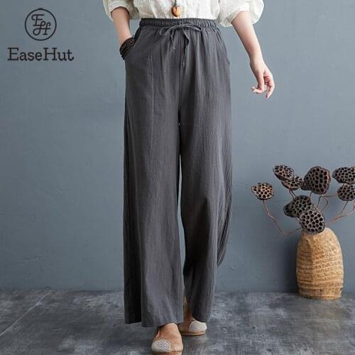 EaseHut Women Oversized High Waist Wide Leg Long Pants Cotton Linen Pockets Solid Color Loose Casual Trousers Summer Women Pants