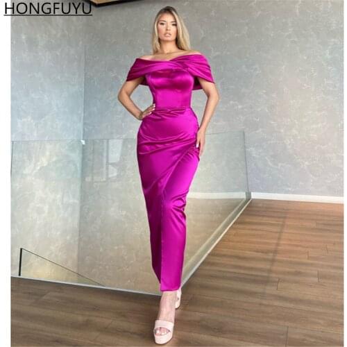 HONGFUYU Off the Shoulder robes de cocktail Party Gowns Satin Sleeveless Prom Evening Dresses Tea Length vestido de fiesta