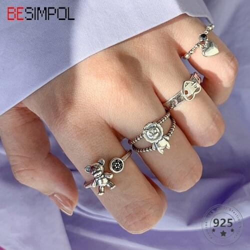 Besimpol Real Sterling Silver Vintage Ring Korea Style Cute Little Bear Lion Open Rings For Women Fashion Fine Jewelry Gifts