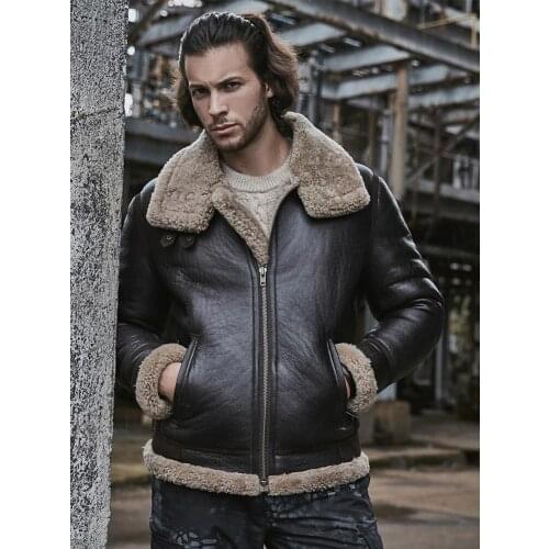 2019 New Mens Sheepskin Shearling Jacket Motorcycle Coat Short B3 Bomber Jacket Mens Leather Jacket Fur Coat Thick Winter Coats