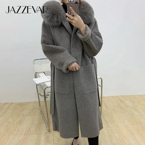 JAZZEVAR 2020 winter Casual Women long Real Fox Fur jacket Cashmere double faced Wool Outerwear Ladies oversized hooded coats