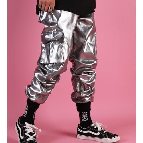 Men Casual Leather Harem Pant Male Streetwear Hip Hop Punk Silver Multi Pocket Cargo Trouser Stage Clothes DJ Singer Pant