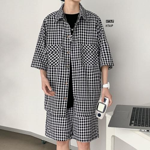 2021 Summer Mens Tracksuits Clothing Sets Leisure Short Sleeve Shirt Plaid Printing Shorts Casual Black/white Color Suit Sets
