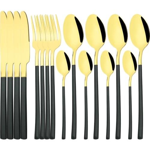 16Pcs Black Gold Dinnerware Set Stainless Steel Cutlery Shiny Knife Fork Tea Spoon Tableware Kitchen Flatware Wedding Silverware