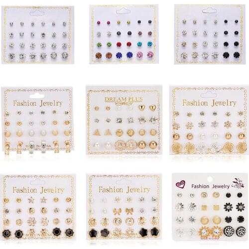 2021 new fashion trend paper card zircon earrings all-match 12 pairs of pearl flower bow card earrings female