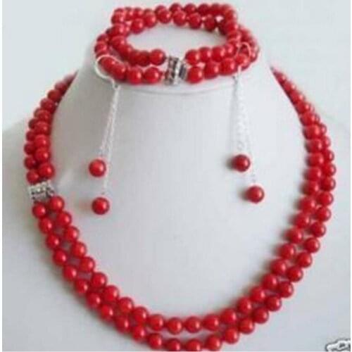 Charming fashion 6mm Red Coral necklace earring bracelet jewelry set