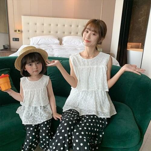 Mother & Daughter Matching Sweet Pretty Women Girls Solid Sleeveless Tops Pants 2PCS Family Clothes