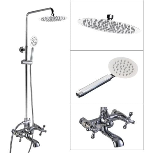 Polished Chrome Brass Bathroom Wall Mounted Round Rain Shower Faucet Set with Hand Spray Two Cross Handles Tub Mixer Tap acy328