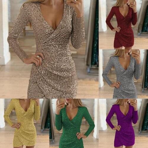 Hot Sale V Neck Sexy Cocktail Dresses Long Sleeves Sequined Mini Skirt Women Party Wear Special Occasion Gowns Cheap