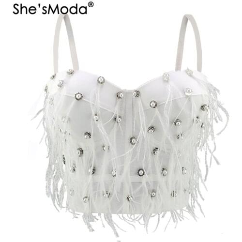 ShesModa Luxury Feather Beads Bustier Push Up Night Club Bralette Womens Floral Bra Cropped Top Vest Corset Plus Size
