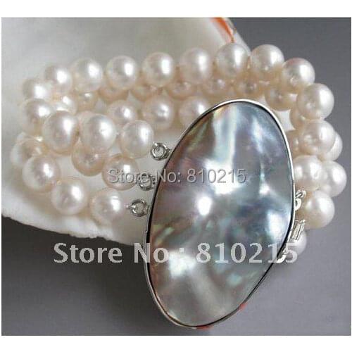 Amazing! 3Row 8inch AA 10-11MM Round White Freshwater Cultured Pearl Bracelet Mabe Pearl Clasp Wholesale New Free Shipping
