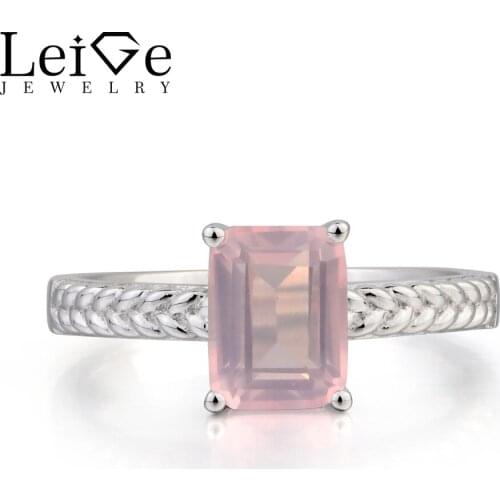 Leige Jewelry Natural Pink Quartz Ring Anniversary Ring Emerald Cut Pink Gemstone 925 Sterling Silver Ring Solitaire Ring Gifts