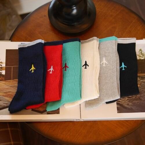 All Seasons Soft Combed Cotton Breathable Multi Solid Color Aircraft Embroidery Fashion Men Personality Outing Middle Tube Socks