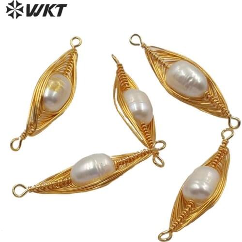 WT-JP210 WKT Fashion Wire Warpped Natural Pearl Pendant Gold Electroplated Double Loops Pendant Women Fashion Jewerly Finding
