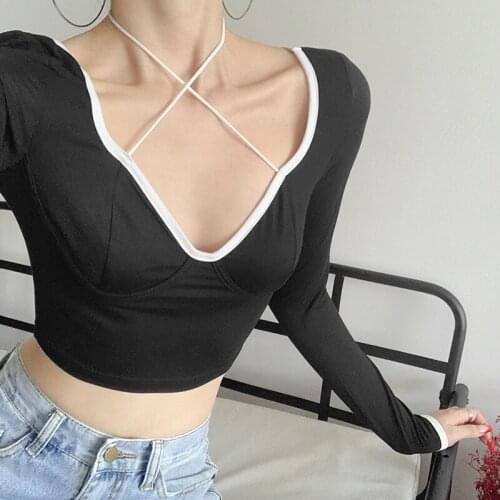Spring and Autumn Solid Color Long-sleeved T-shirt Womens V-neck Halter Neck Low-cut Top Ladies Urban Beauty Daily Commute 2021