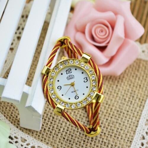 Women Classic Rhinestone Quartz Wrist Watch Braided Bracelet Bangle High Quality Casual Leather Ladies Wristwatch Handmade Watch