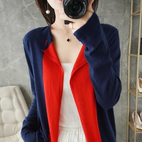 Spring and autumn new cashmere sweater ladies round neck cardigan casual stitching sweater oversized knitted wool top Female