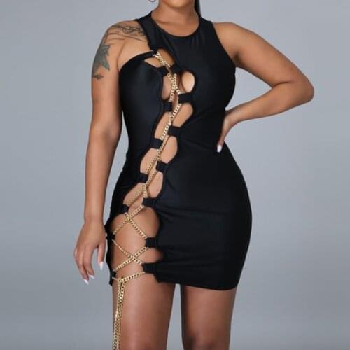 Brand New Womens Club Party Metal Chain Side Open Bag Hip Sexy Dress White Round Collar Sleeveless Hollow Out Patchwork Clothes