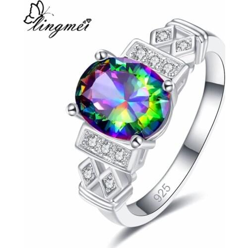 Lingmei Exquisite Women Fashion OvalRings Wedding Bride Multi & Pink Zircon Silver ColorJewelry Ring Size 6 7 8 9