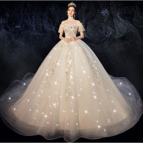 Fashion 2021 New Luxury Champagne Wedding Dress Bride Married Boat Neck Court Train Sequins Beads Appliques Long Wedding Gowns