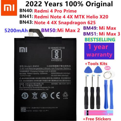 100% Original Replacement Battery For Xiaomi Mi Max Max 2 Max 3 Redmi 4 Pro Prime Redmi Note 4X / Note4 Phone batteries +Tools