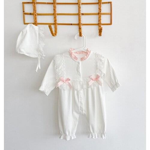 Princess Baby Boy Girl Sweet Lace Romper+Hat 2PCS Long Sleeves Jumpsuit Ruffle Pink Bowknot Causal Toddler Baby Clothes