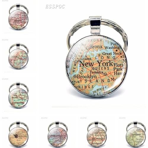 American Cities Map Glass Pendant Keychain New York New Orleans Chicago Tulsa Fashion Souvenir Keyring Jewelry Gift For Traveler