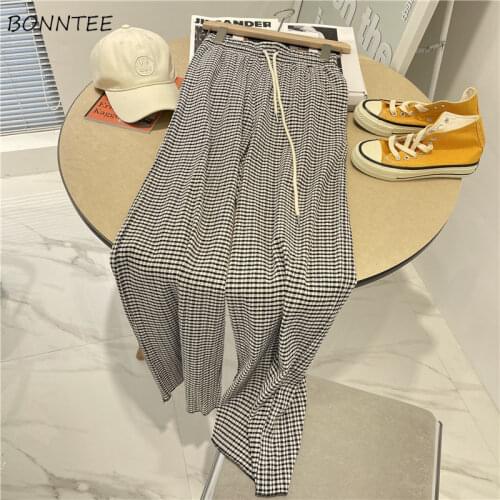 Wide Leg Pants Women Plaid Casual Korean Style Drawstring Simple Summer Loose Pockets Students Trousers Fashion Female All-match