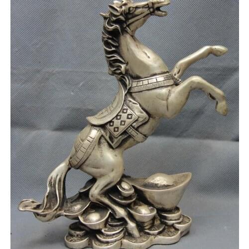 China White Copper Silver FengShui Yuan Bao Money Wealth Gallop War Horse Statue