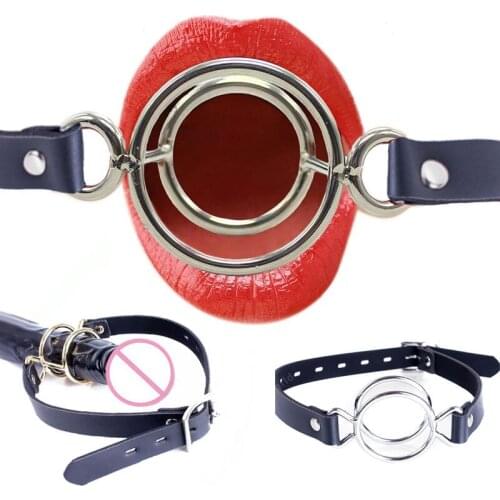 Metal Deep Throat Double Ring Gag,BDSM Open Mouth Gag,Fetish Slave Leather Harness Oral Fixation Mouth Plug Adult Couple Sex Toy