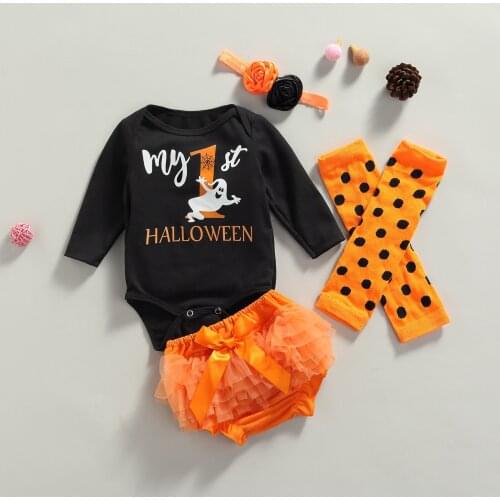 Newborn Long Sleeve Romper + Shorts + Leggings + Flower Hair Accessories, Celebrating My First Halloween