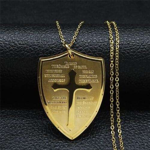 Fashion Bible Shield Stainless Steel Chain Necklace for Men/Women Gold Color Cross Necklaces Jewelry collana croce NXS05