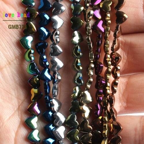 Natural Gold Silver Color Blue Purple Hematite Stone Love Heart Loose Beads for Jewelry Making DIY Bracelet 15'' 5x6mm