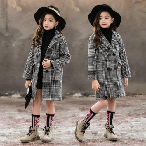 Autumn Winter Warm Kids Girls Overcoat Houndstooth Wool Coat for Girls Windproof Double Breasted Children Long Outerwear 4-13T