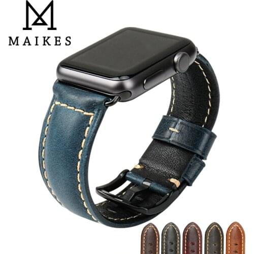 MAIKES For Apple Watch Band 42mm 38mm / 44mm 40mm Series 4/3/2/1 iWatch Blue Oil Wax Leather Watchband For Apple Watch Strap