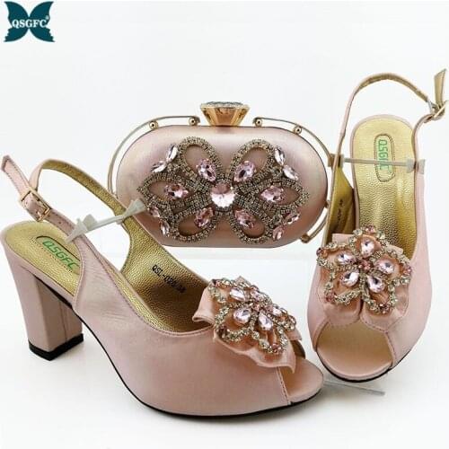 Pink Color Latest Italian Design Shoes And Bag Set High Quality Decorated With Strass Italian Shoes And Bag Set high heel