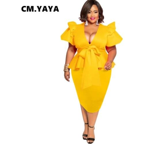 CM.YAYA Women Dress Plus Size Solid Short Sleeve Ruffles V-neck Sheath Elastic Mid Calf Pencil Dresses Office Lady Fashion Dress