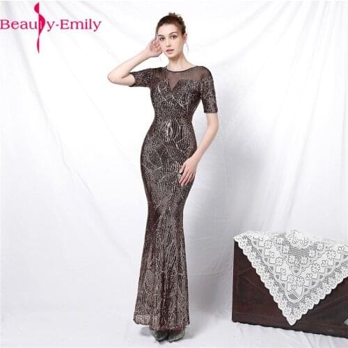 Evening Dress 2020 Fashion Lace Sequined O Neck Formal Party Dress Sexy Zipper Back Short Sleeve Black Prom Dress