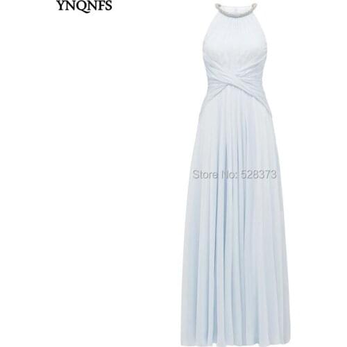 YNQNFS BD82 Real Pictures Wedding Guest Dress Chiffon Ruched Waist Ankle Length Halter Empire Bridesmaid Dresses Light Blue 2019