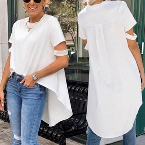 2021 Summer New Round Neck Loose Irregular Short Sleeve T-shirt Women Solid Color Fashion Casual Top Streetwear Ladies Pullover