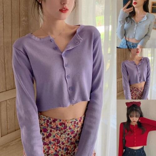 Women Solid Color Long Sleeve Knitwear Blouse Top Buttons Slim Base T-shirt