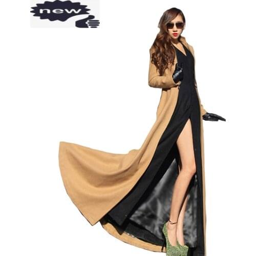 Winter Women Woolen Maxi Long Overcoat Streetwear Splice Zipper Office Ladies Outerwear Runway Wool Blends Coat Windbreaker