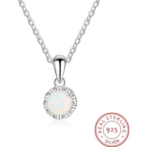 Created White Opal Pendant Necklace Korean 925 Sterling Silver Round Necklace Women Wedding Statement Jewelry Gift for Girls