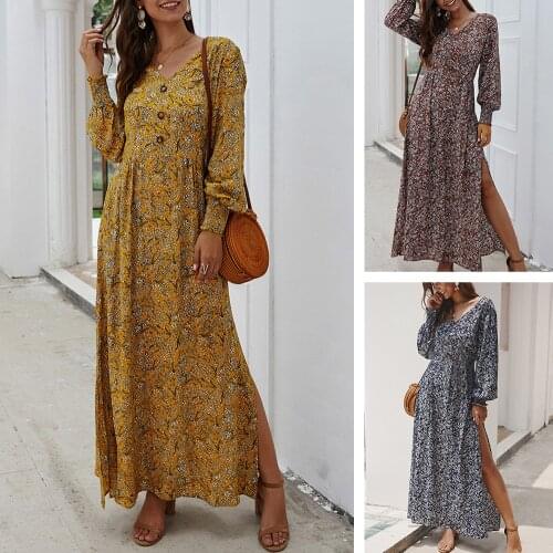 Boho Style Womens Long Sleeve Floral Print Dress Vintage Split Long Dresses Maxi Dress Party