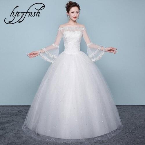 Hot Sale Vintage Korean Boat Neck Princess Vestidos De Novia 2020 Wedding Dress Long Flare Sleeve Appliques Lace Embroidery