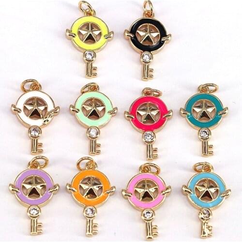 10Pcs,Enamel Colorful Star Key Shape Pendant,Dainty Gold Enamel Charm,Enamel Jewelry