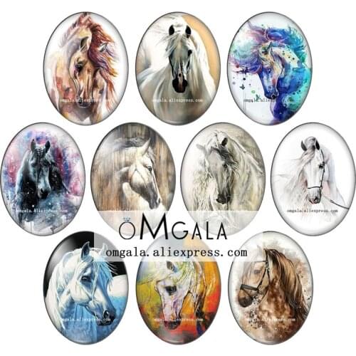 New Watercolor Horse Animals Art Paintings 13x18mm/18x25mm/30x40mm Oval photo glass cabochon flat back Making findings
