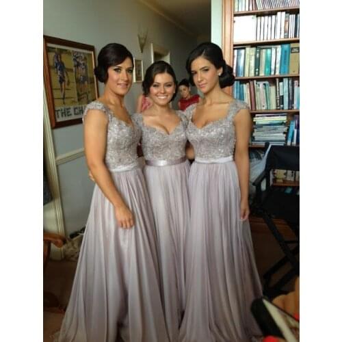 Silver Cheap Bridesmaid Dresses Under 50 A-line Cap Sleeves Chiffon Lace Beaded Long Wedding Party Dresses For Women