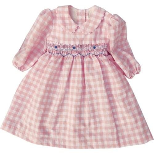 New Summer Kids Plaid Pink Green Black Peter Pan Collar Full Sleeve Handmade Smock Belt Bowknot Girls 1-5yrs Princess Dresses